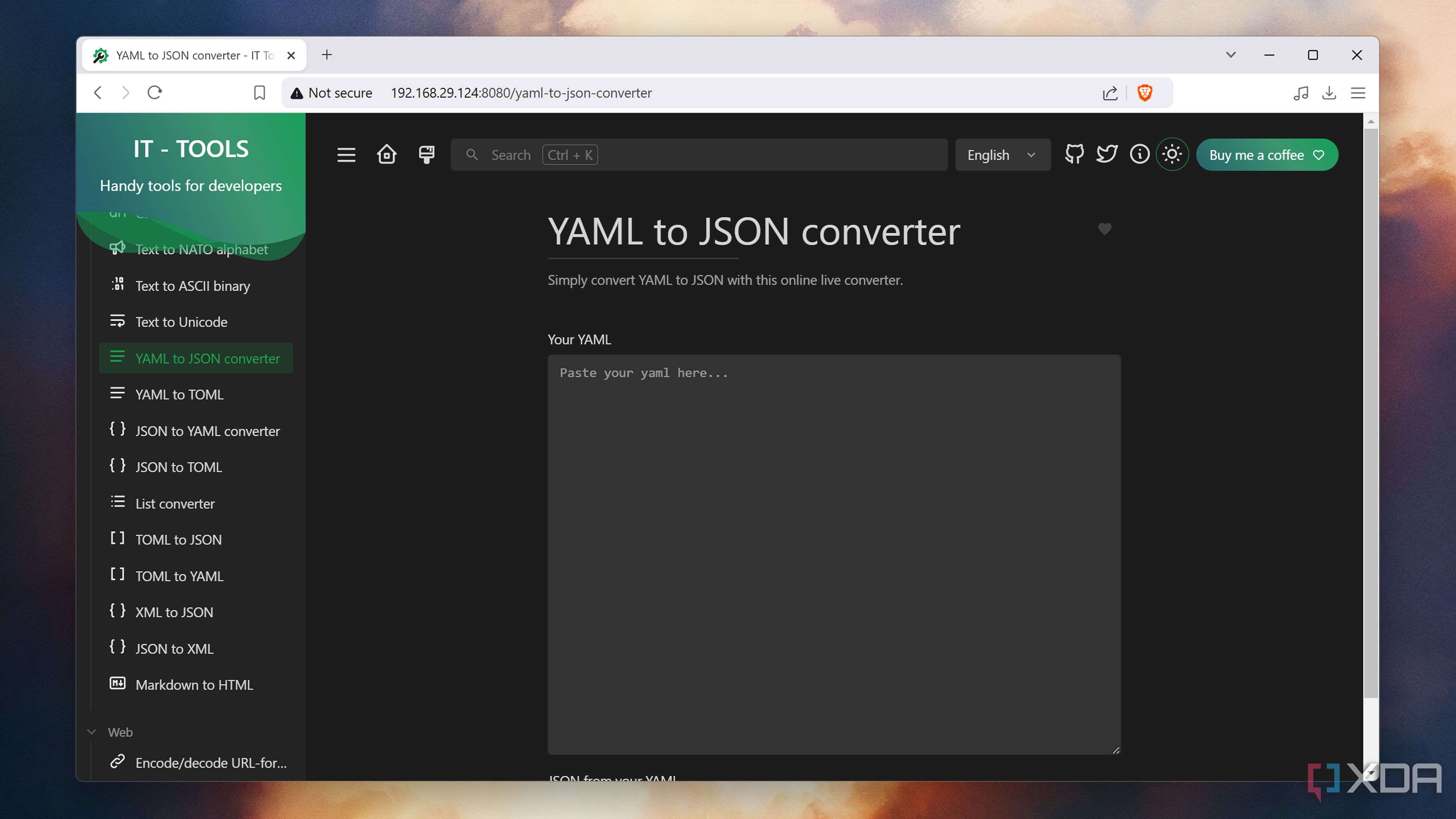 The YAML to JSON converter in IT Tools