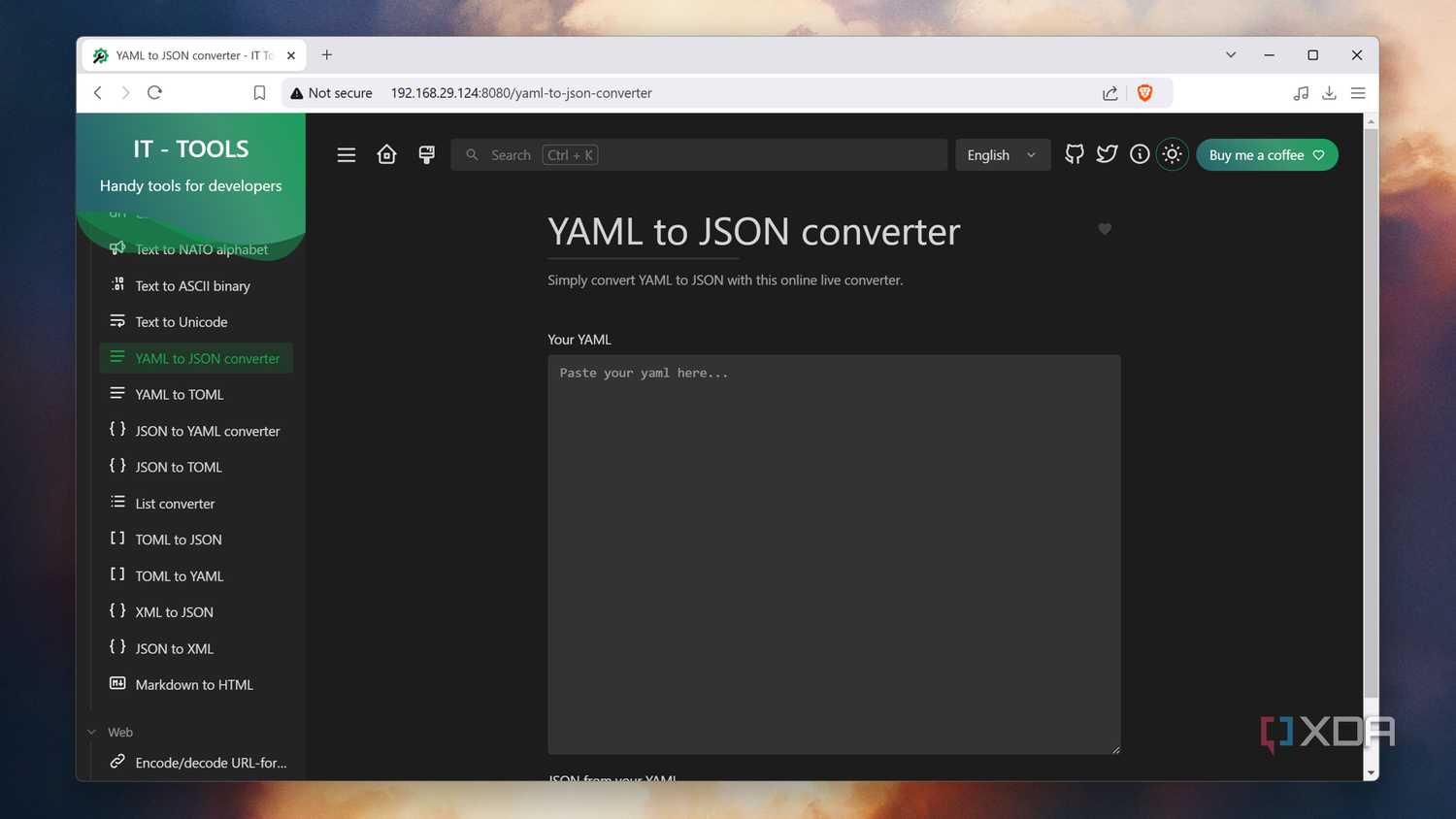 The YAML to JSON converter in IT Tools