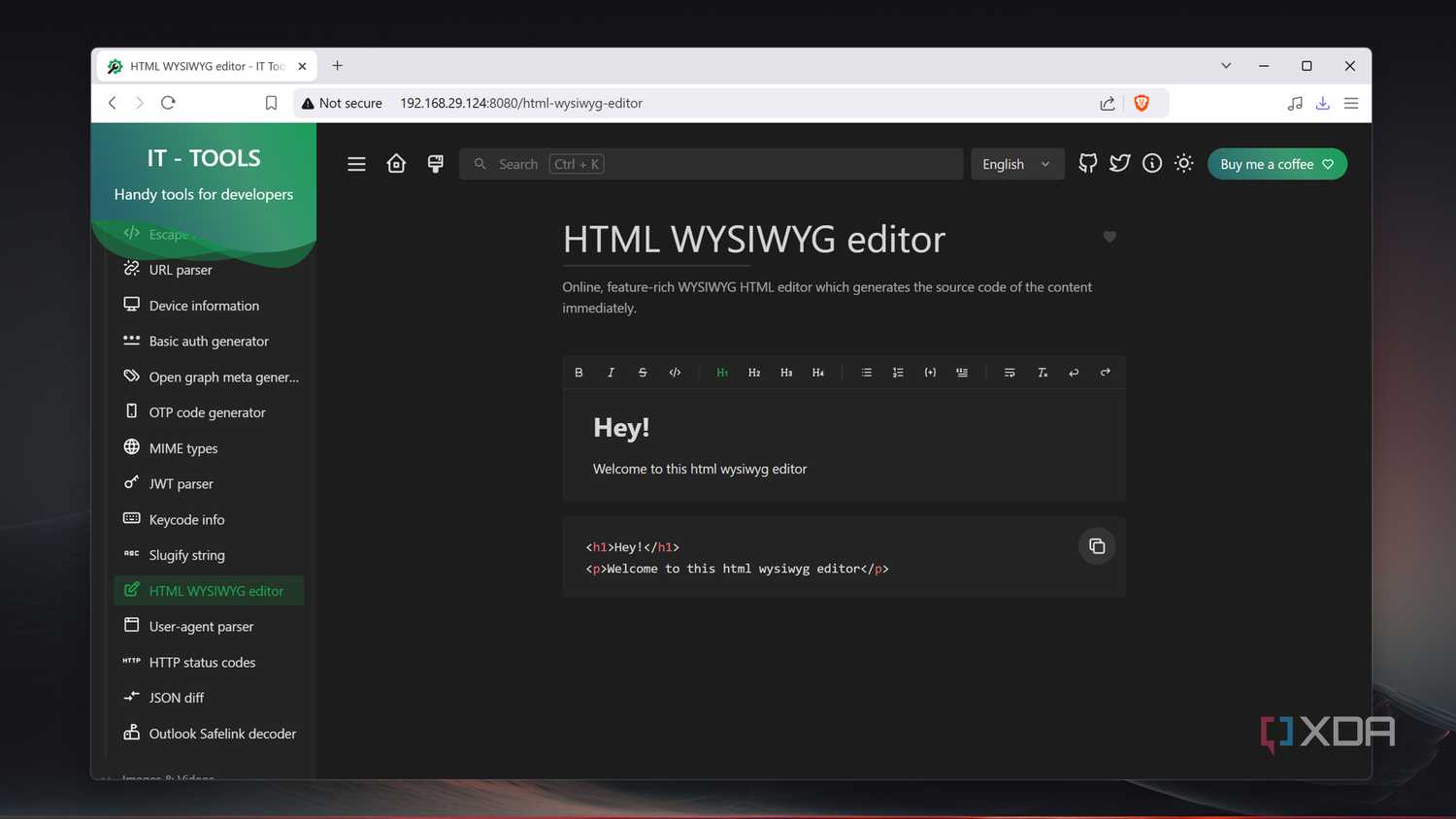 The HTML WYSIWYG editor in IT Tools