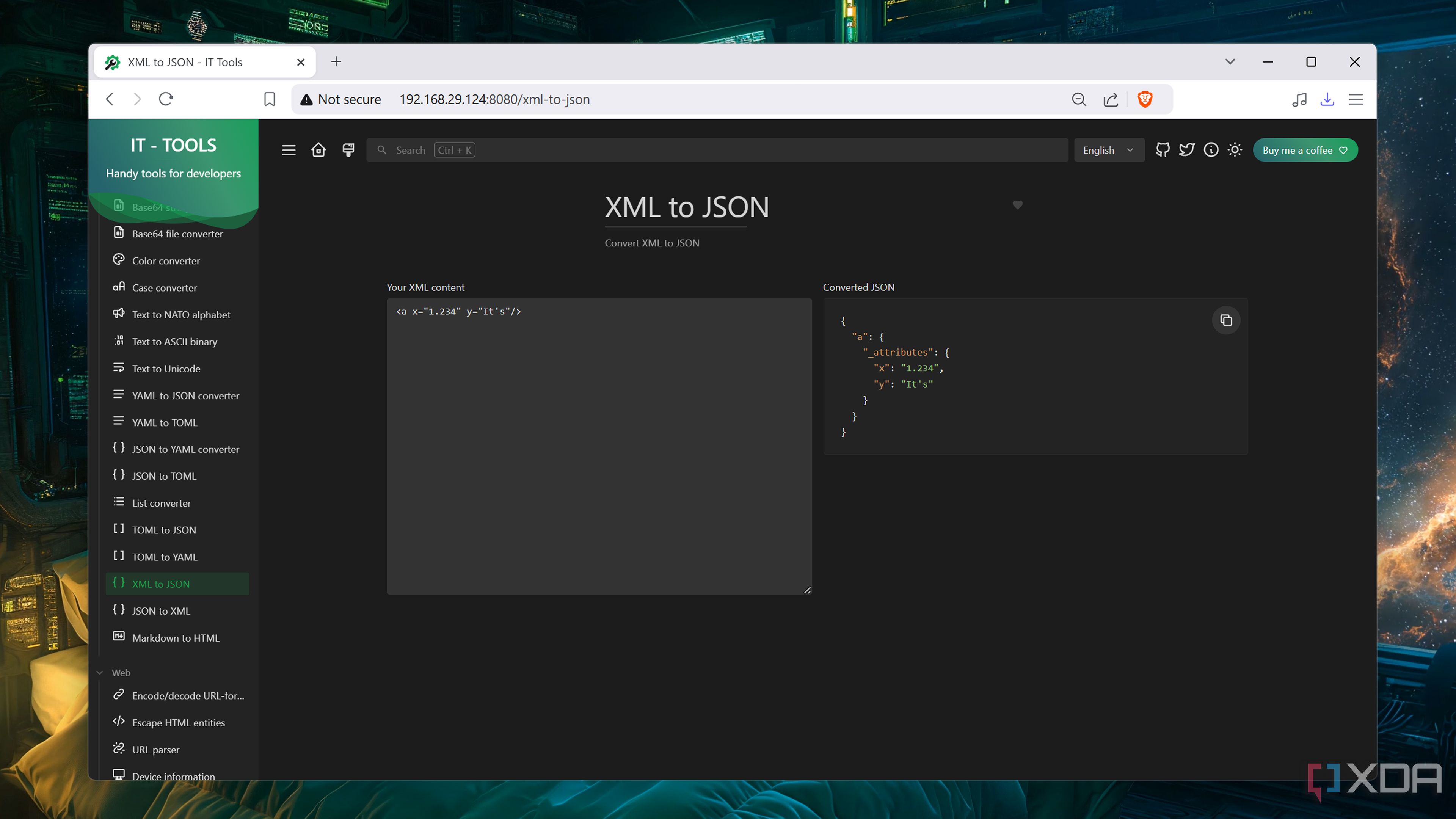 The XML to JSON converter in IT Tools