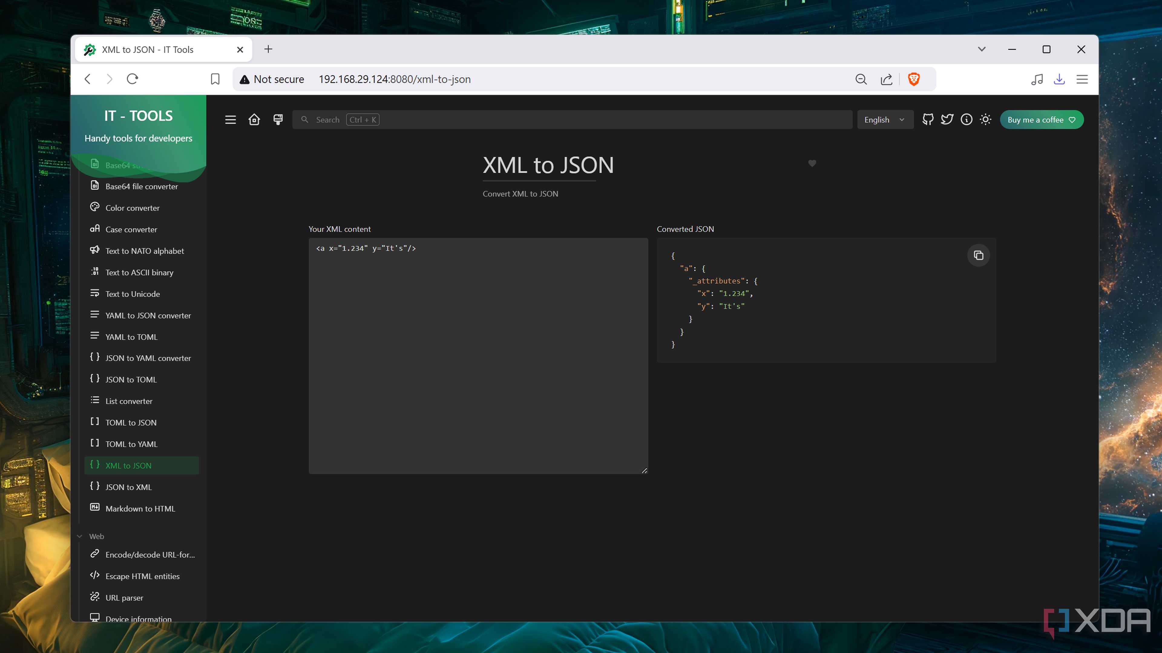 The XML to JSON converter in IT Tools