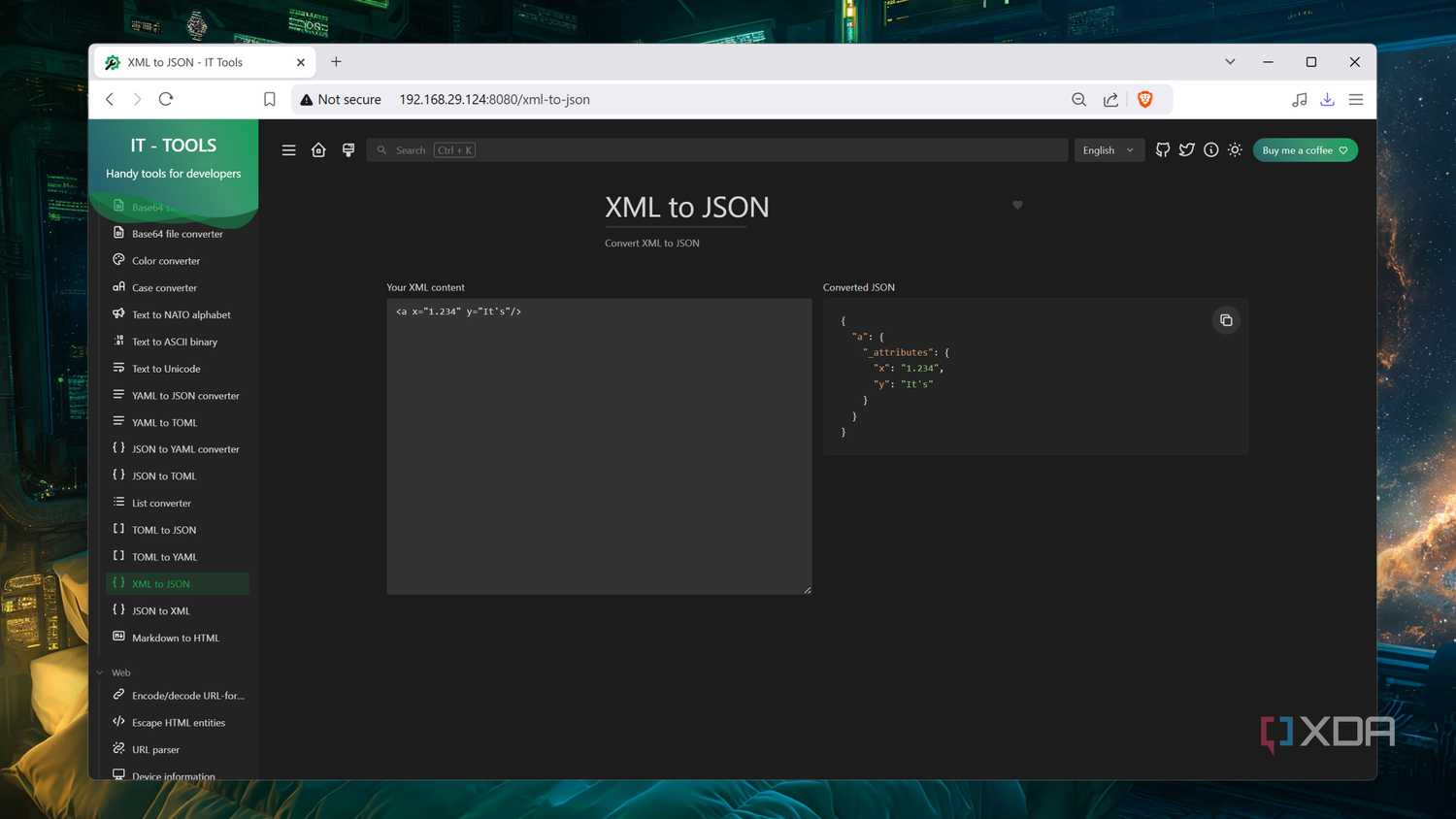 The XML to JSON converter in IT Tools