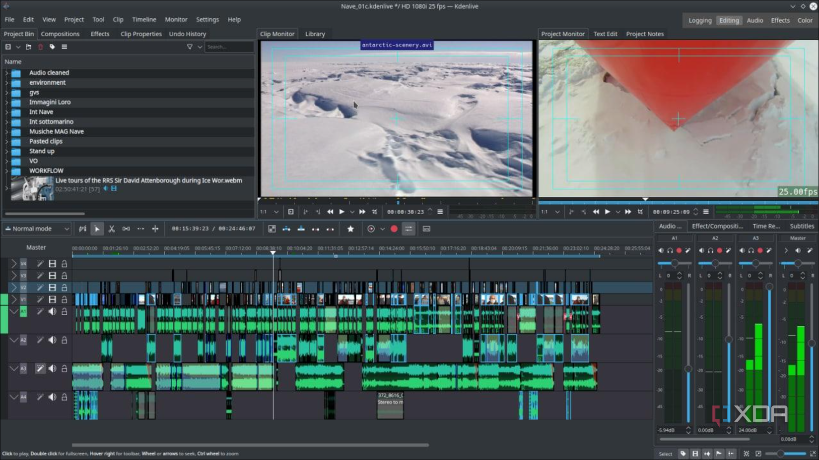 Captura de pantalla del creador de videoclips KDEnlive editando vídeo