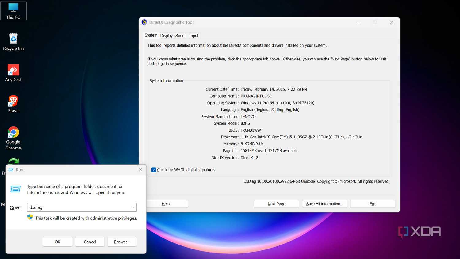 Launching DirectX Diagnostic using run command