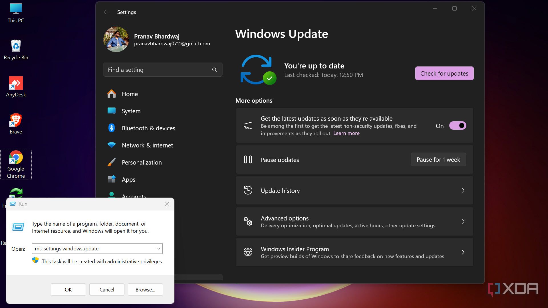 Launching Windows Update settings using run command