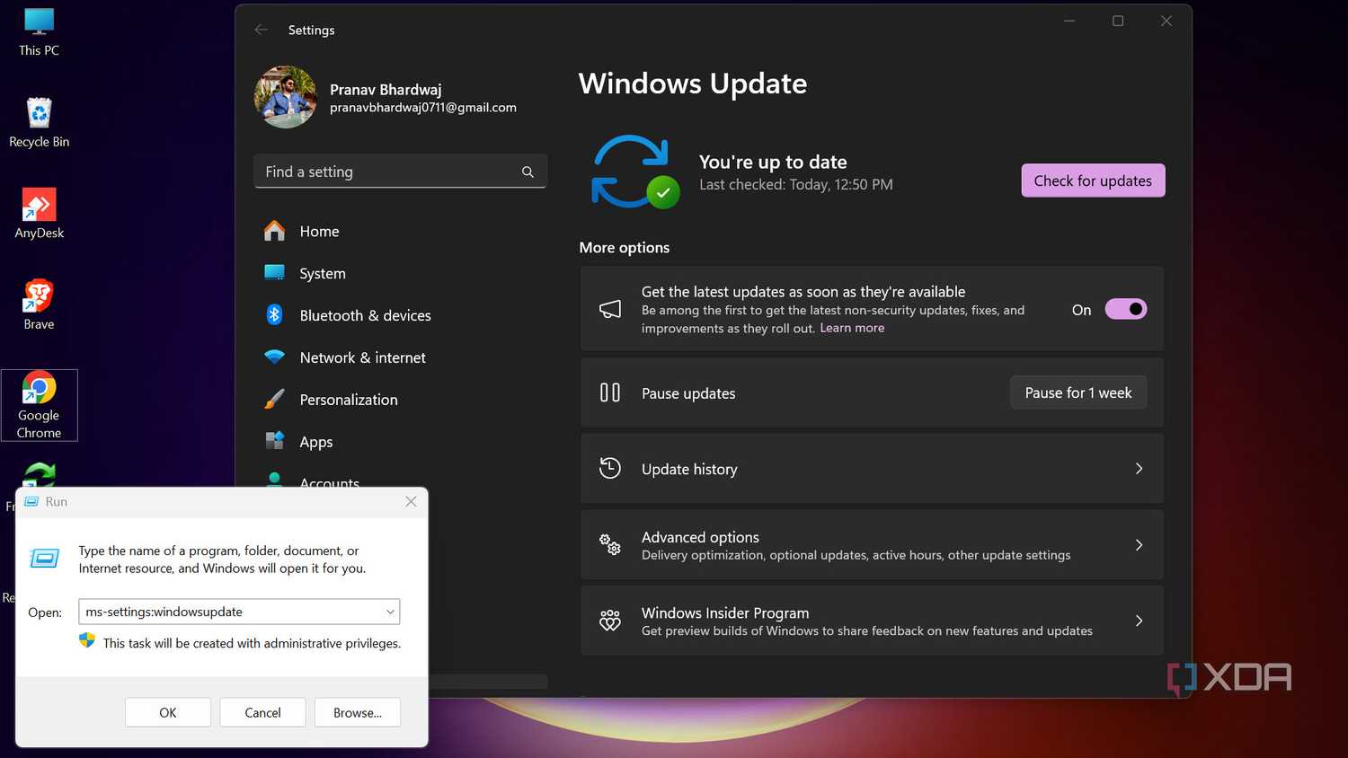Launching Windows Update settings using run command