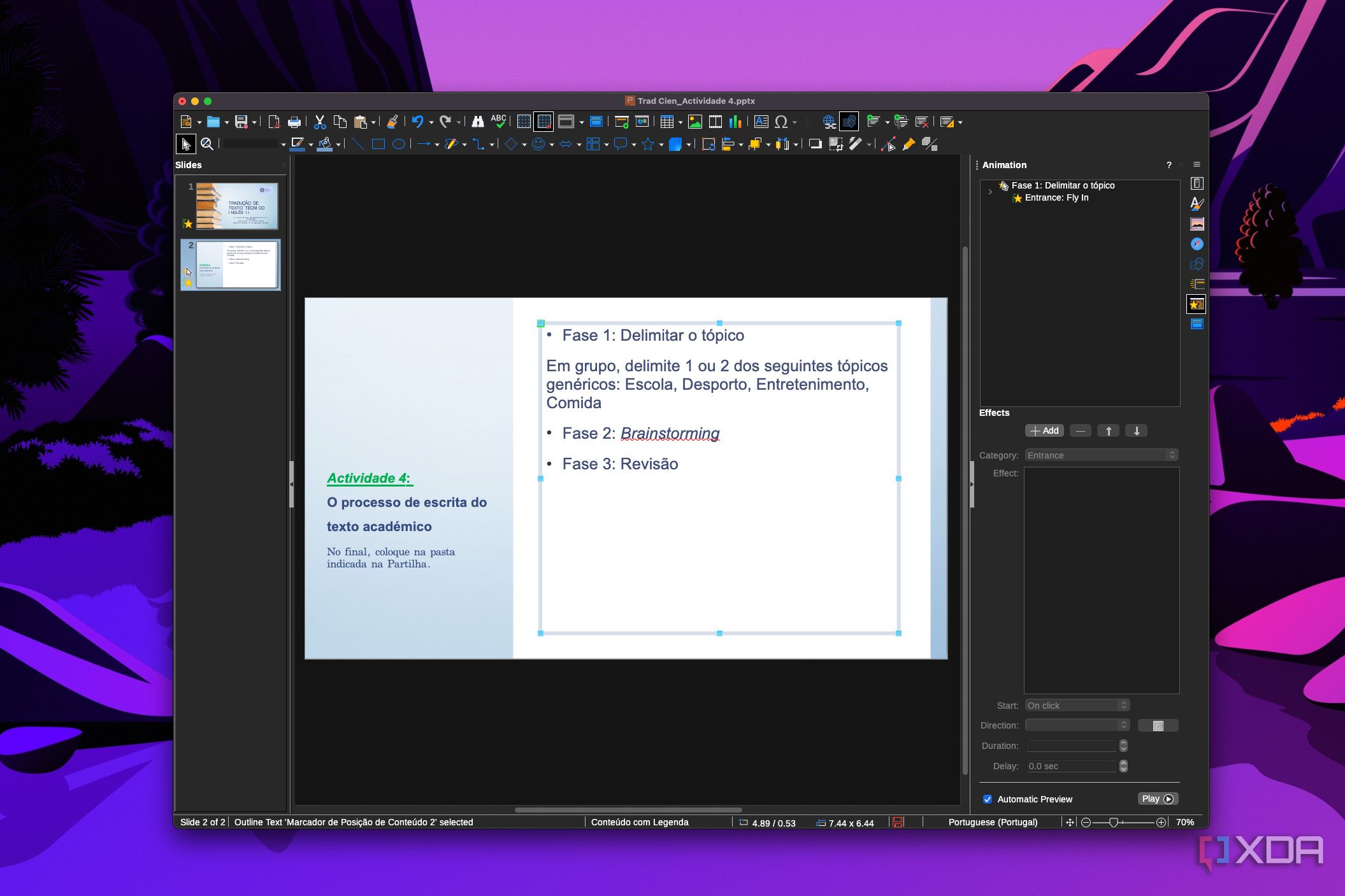 Screenshot of LibreOffice Impress showing a presentation and the animations panel
