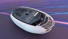 Bottom view of a gaming mouse showing DPI and connectivity buttons