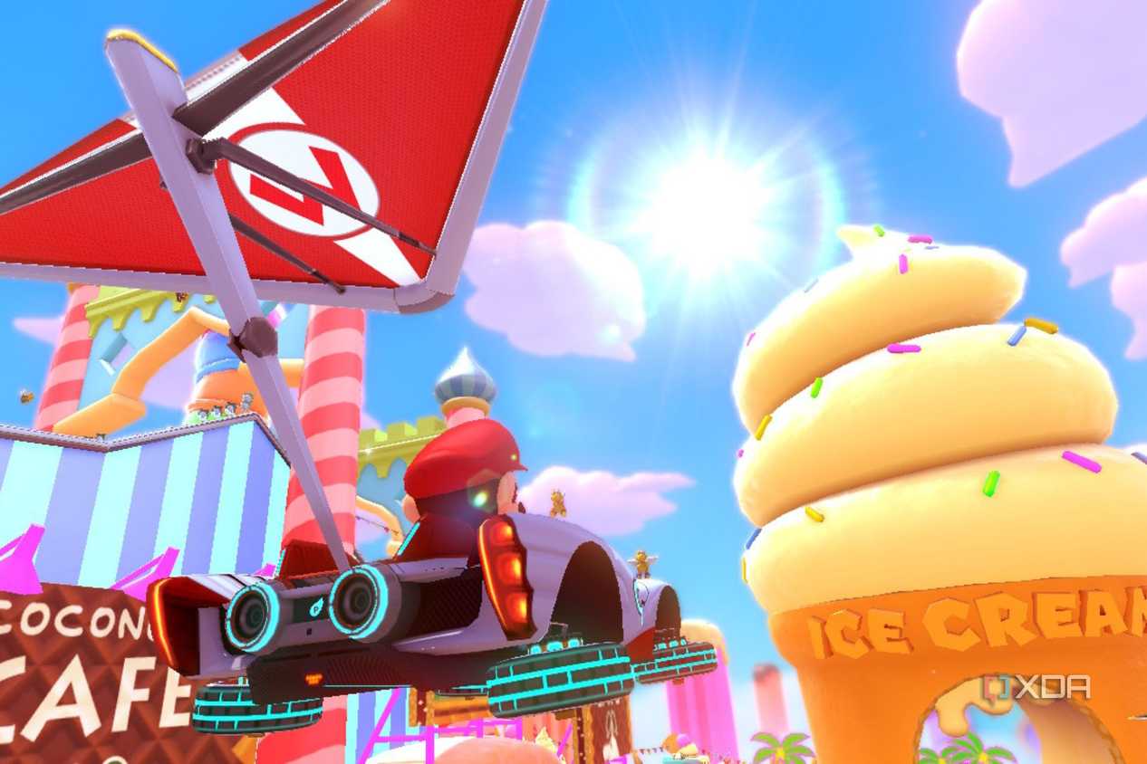 Mario Kart 8 Mario flying around ice cream track