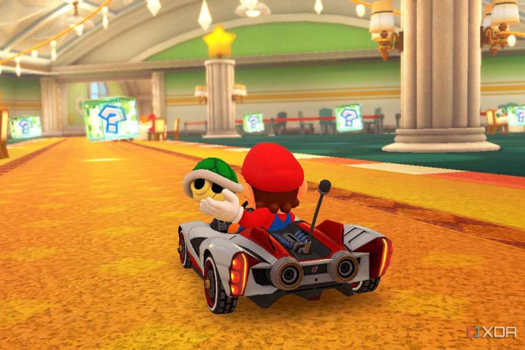 Mario Kart 8 Mario holding shell in dining room