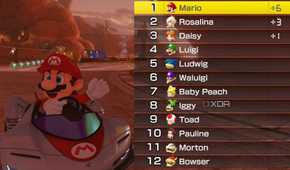 Mario Kart 8 Mario driving with leader board on screen