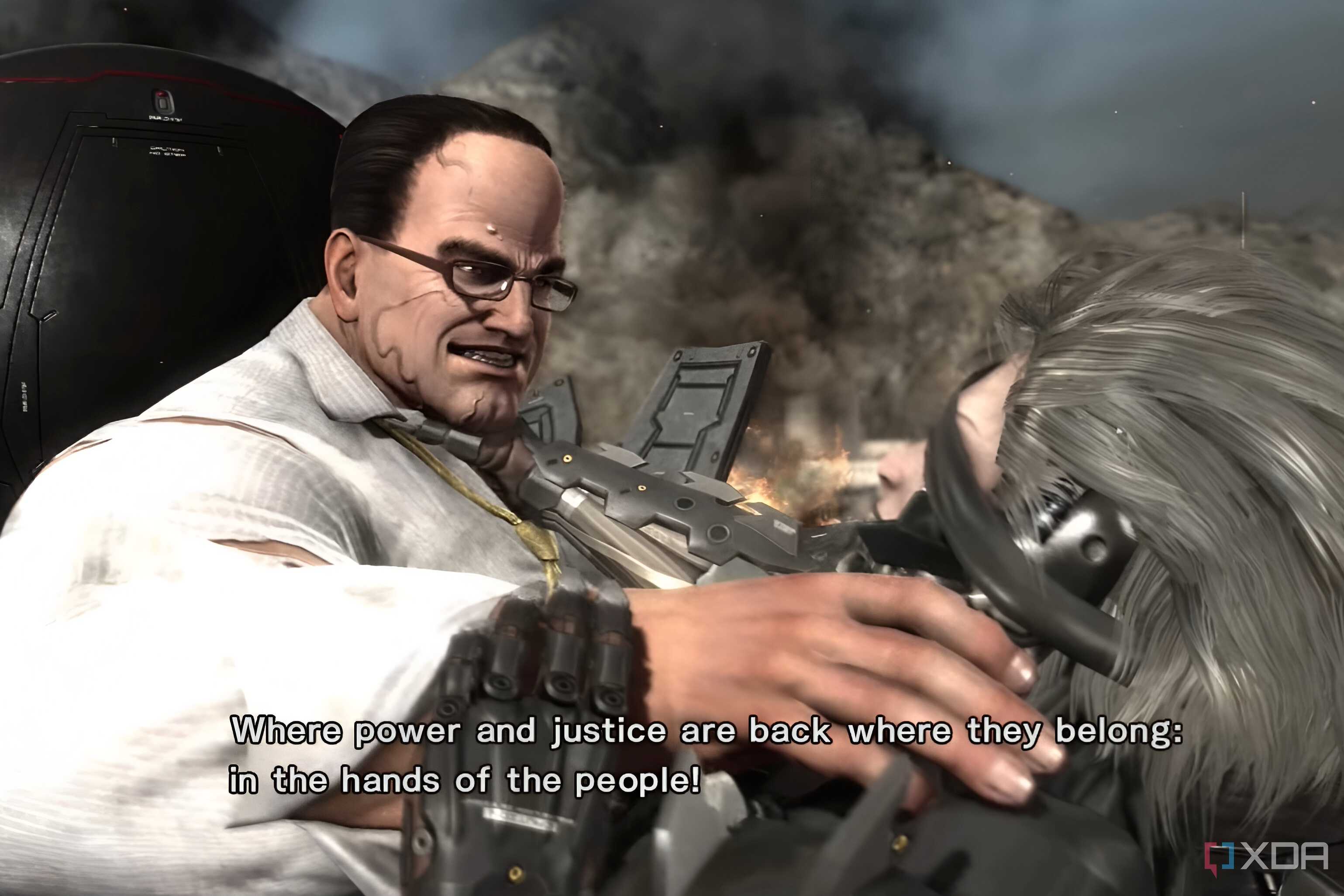 An image from the game Metal Gear Rising Revengeance, showing a man wearing a white shirt and spectacles hold another man by the throat.
