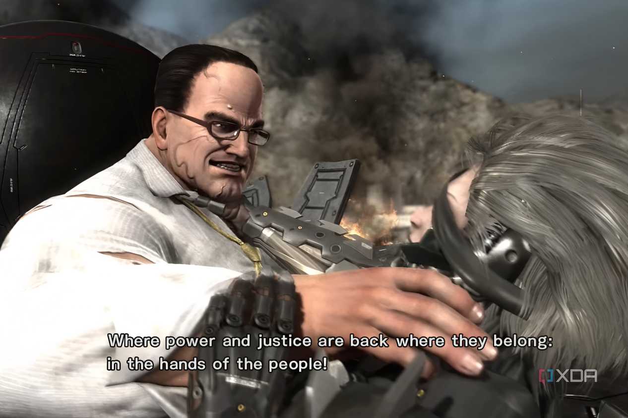 An image from the game Metal Gear Rising Revengeance, showing a man wearing a white shirt and spectacles hold another man by the throat.
