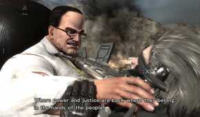 An image from the game Metal Gear Rising Revengeance, showing a man wearing a white shirt and spectacles hold another man by the throat.