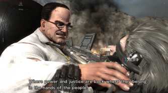 An image from the game Metal Gear Rising Revengeance, showing a man wearing a white shirt and spectacles hold another man by the throat.