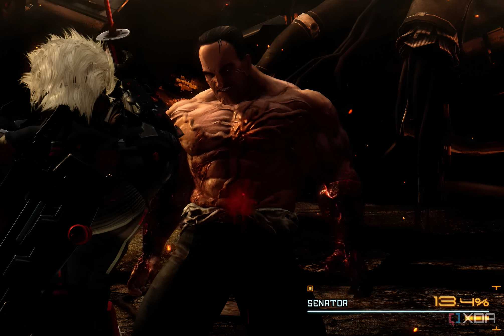 An image from the game Metal Gear Rising Revengeance, showing the fight between Raiden and Senator Armstrong.