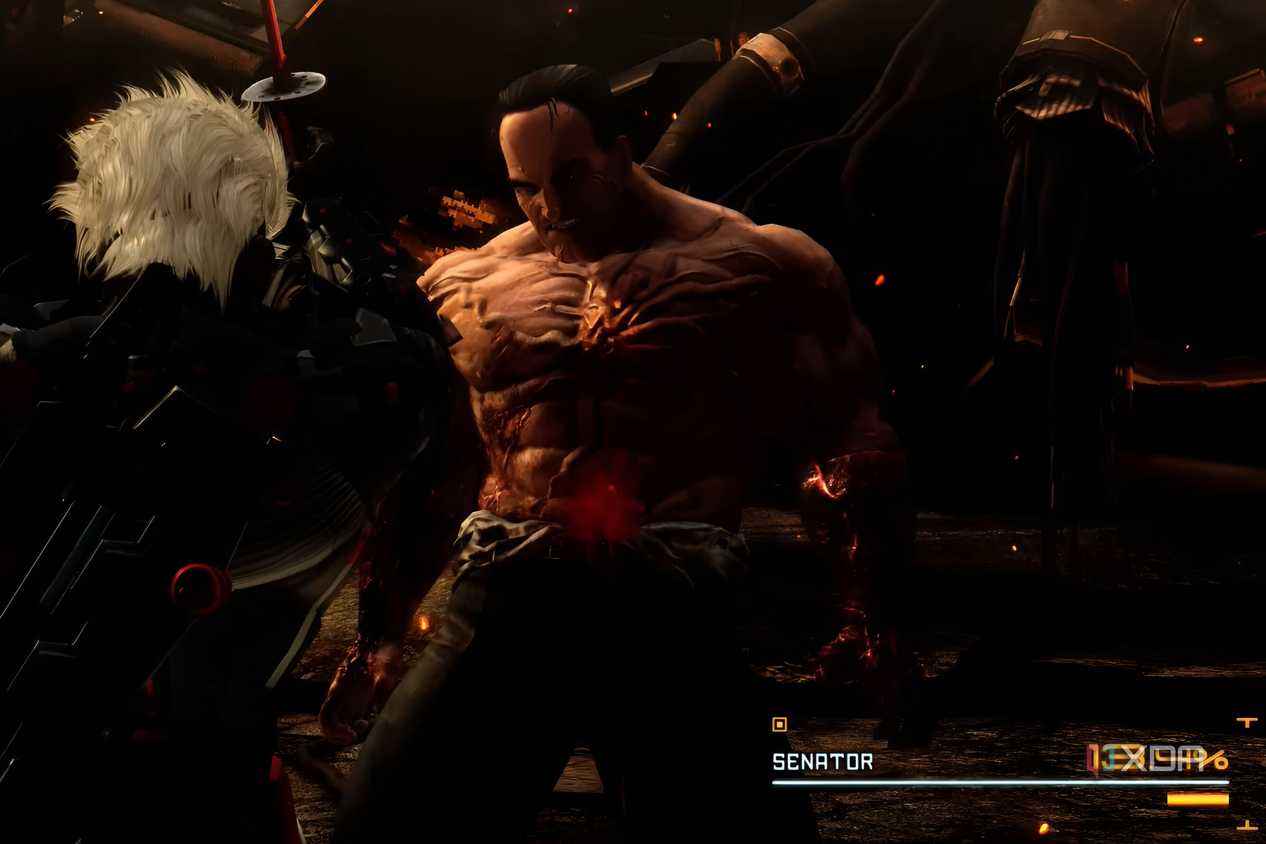 An image from the game Metal Gear Rising Revengeance, showing the fight between Raiden and Senator Armstrong.