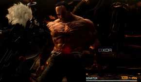 An image from the game Metal Gear Rising Revengeance, showing the fight between Raiden and Senator Armstrong.