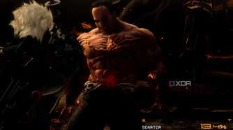 An image from the game Metal Gear Rising Revengeance, showing the fight between Raiden and Senator Armstrong.