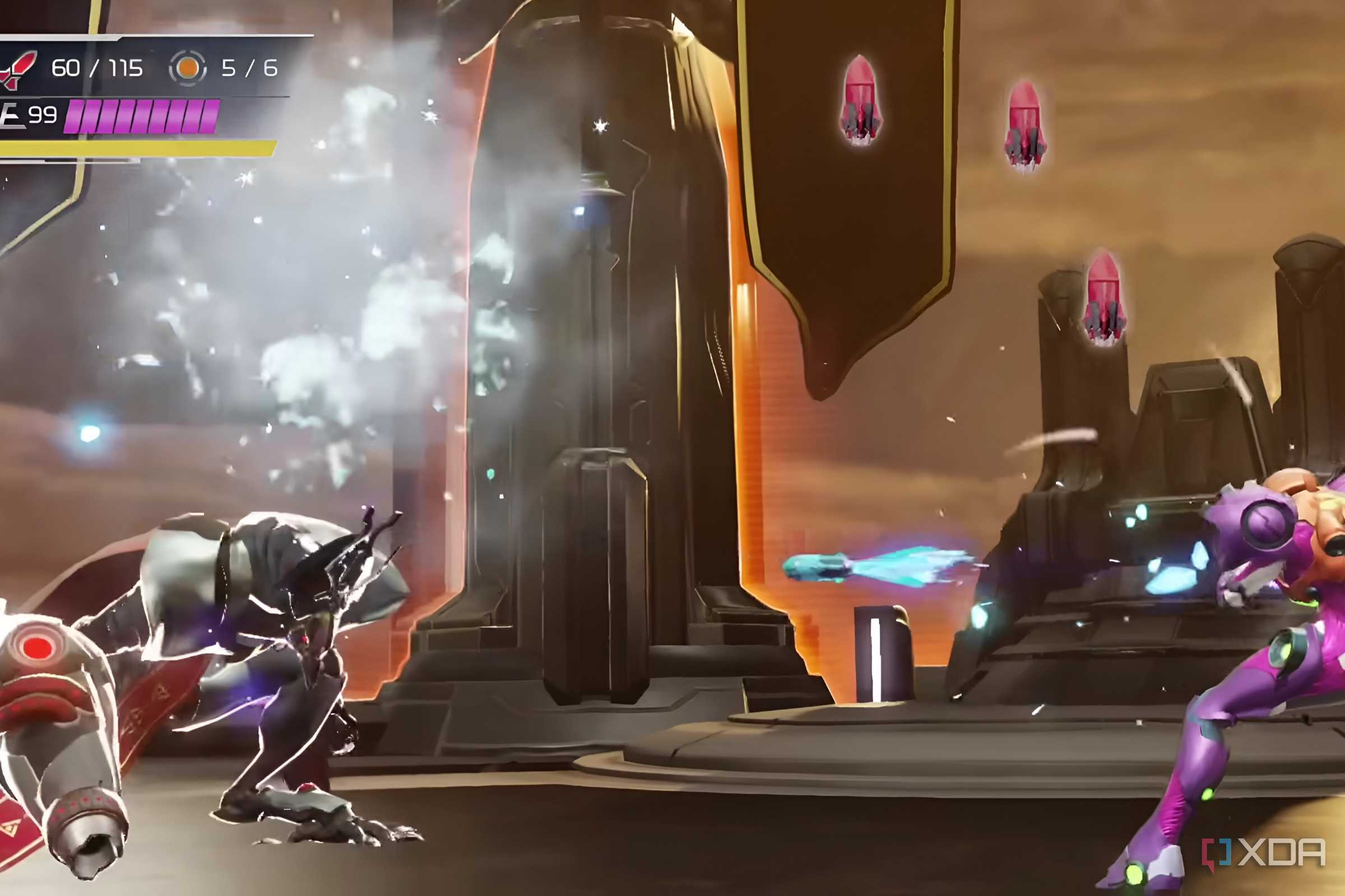 A screenshot from the game Metroid Dread, showing Raven Beak, the final boss, go down on one knee as they are hit by an attack from Samus.