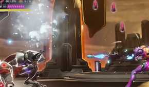 A screenshot from the game Metroid Dread, showing Raven Beak, the final boss, go down on one knee as they are hit by an attack from Samus.