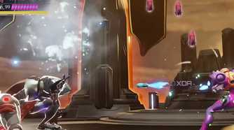 A screenshot from the game Metroid Dread, showing Raven Beak, the final boss, go down on one knee as they are hit by an attack from Samus.