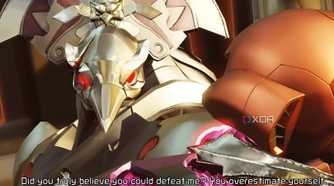 A screenshot from the game Metroid Dread, showing Raven Beak hold Samus by the throat and taunt her.
