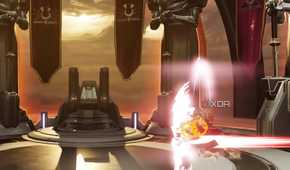 A screenshot from the game Metroid Dread, showing the boss battle with Raven Beak.