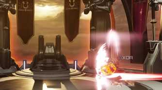 A screenshot from the game Metroid Dread, showing the boss battle with Raven Beak.
