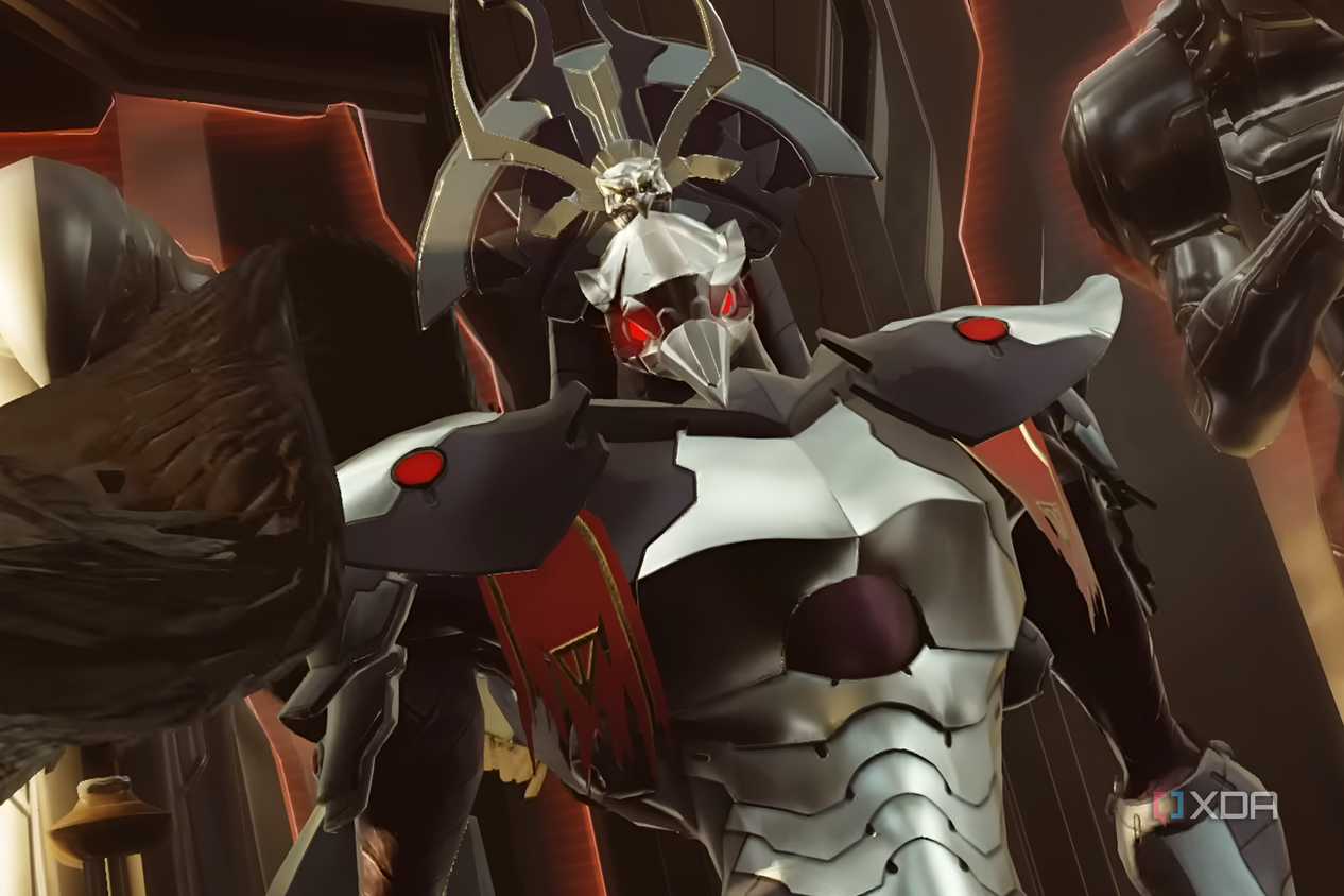 A screenshot from the game Metroid Dread, showing Raven Beak, a boss with a raven head for a face, wearing metallic armor.