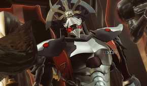 A screenshot from the game Metroid Dread, showing Raven Beak, a boss with a raven head for a face, wearing metallic armor.