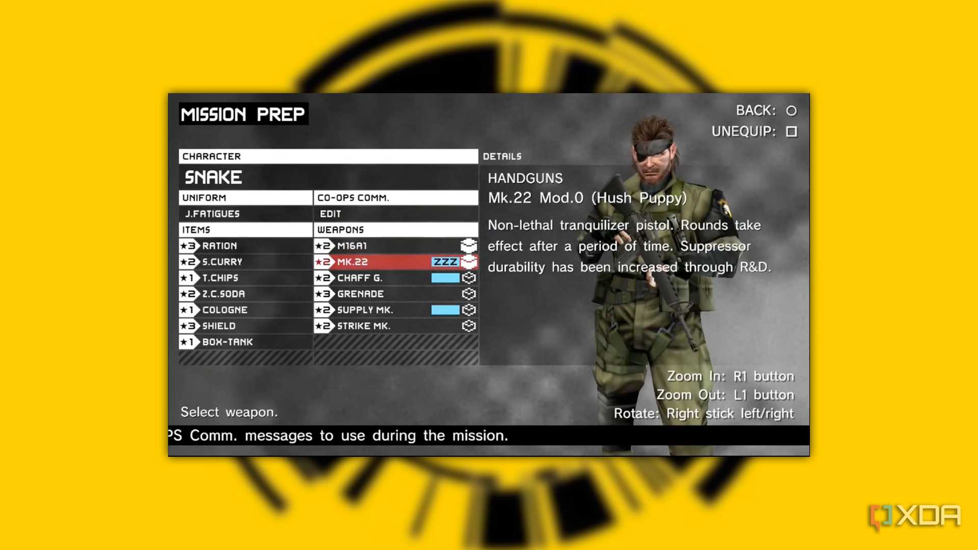 MGS: Peace Walker screenshot on a yellow background of Snake standing in a menu with various items being chosen