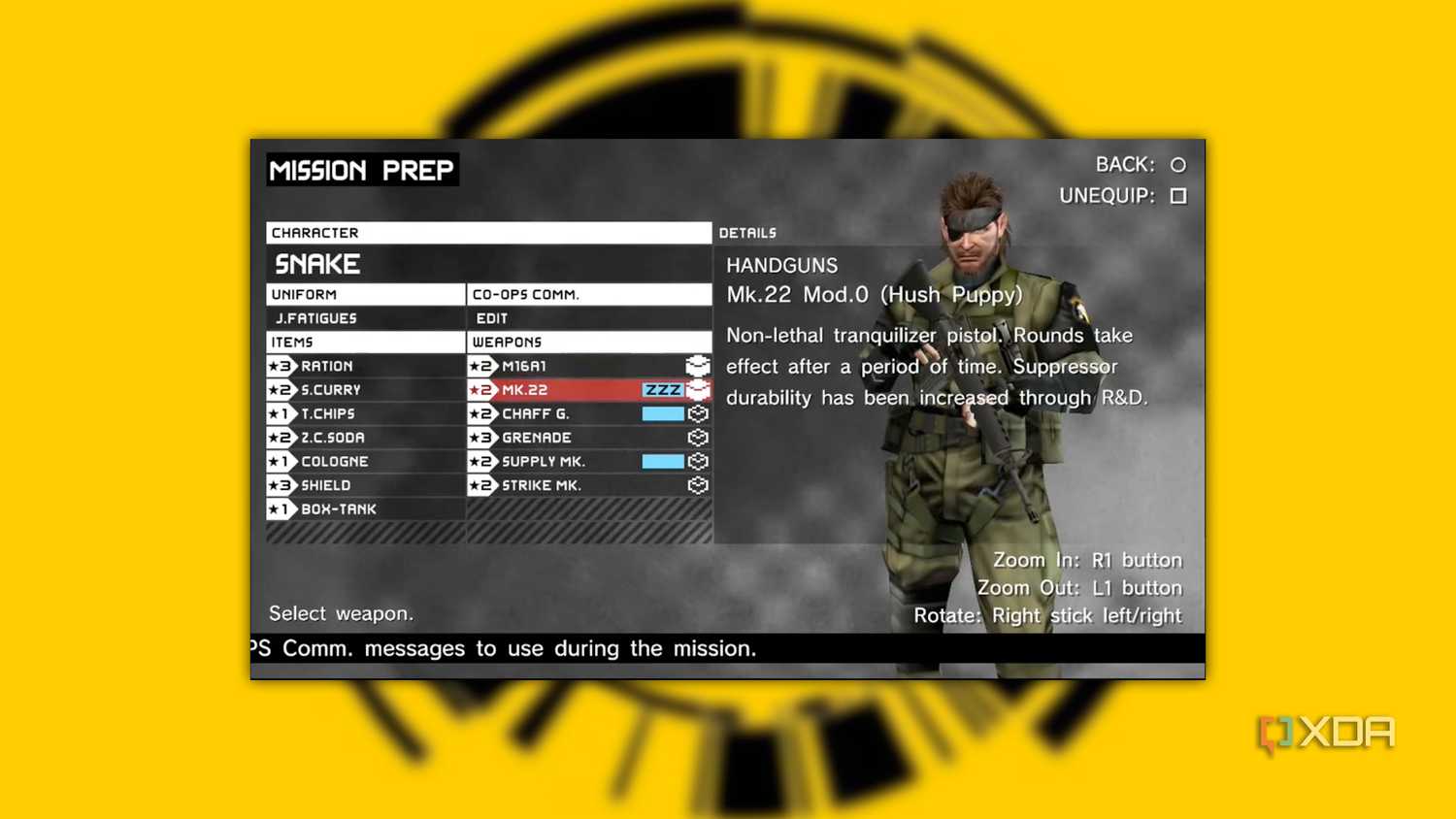 MGS: Peace Walker screenshot on a yellow background of Snake standing in a menu with various items being chosen