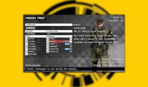 MGS: Peace Walker screenshot on a yellow background of Snake standing in a menu with various items being chosen