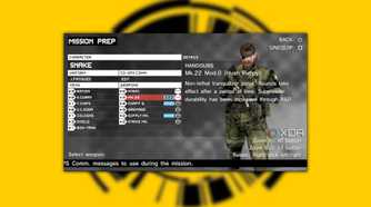 MGS: Peace Walker screenshot on a yellow background of Snake standing in a menu with various items being chosen