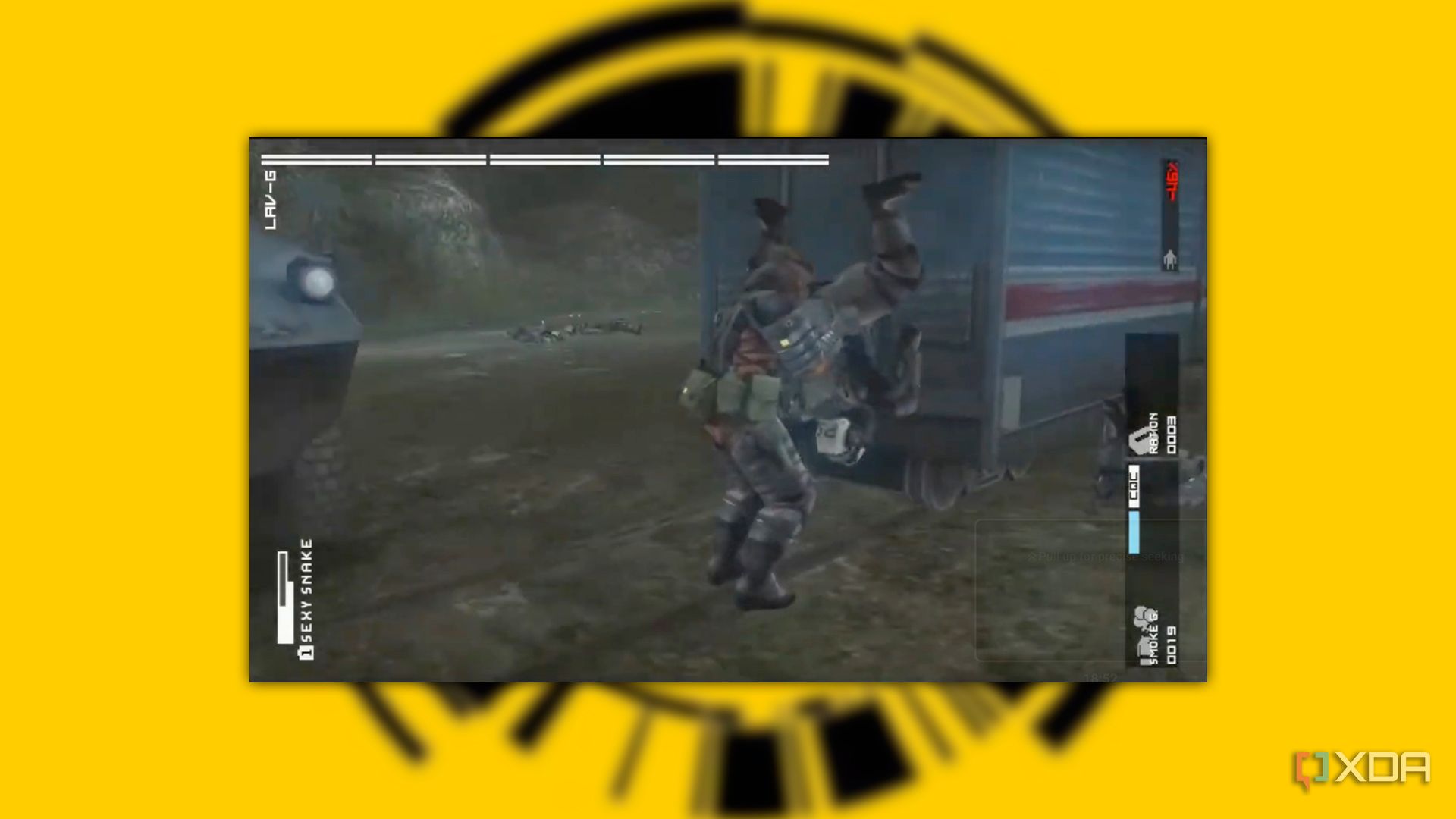  MGS: Peace Walker screenshot on a yellow background of Snake slamming a man into a train car in battle