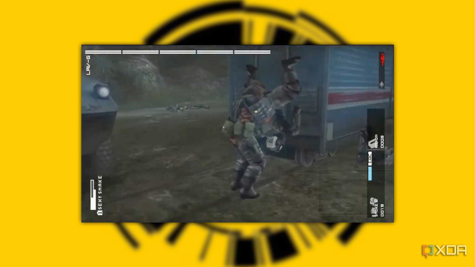 MGS: Peace Walker screenshot on a yellow background of Snake slamming a man into a train car in battle