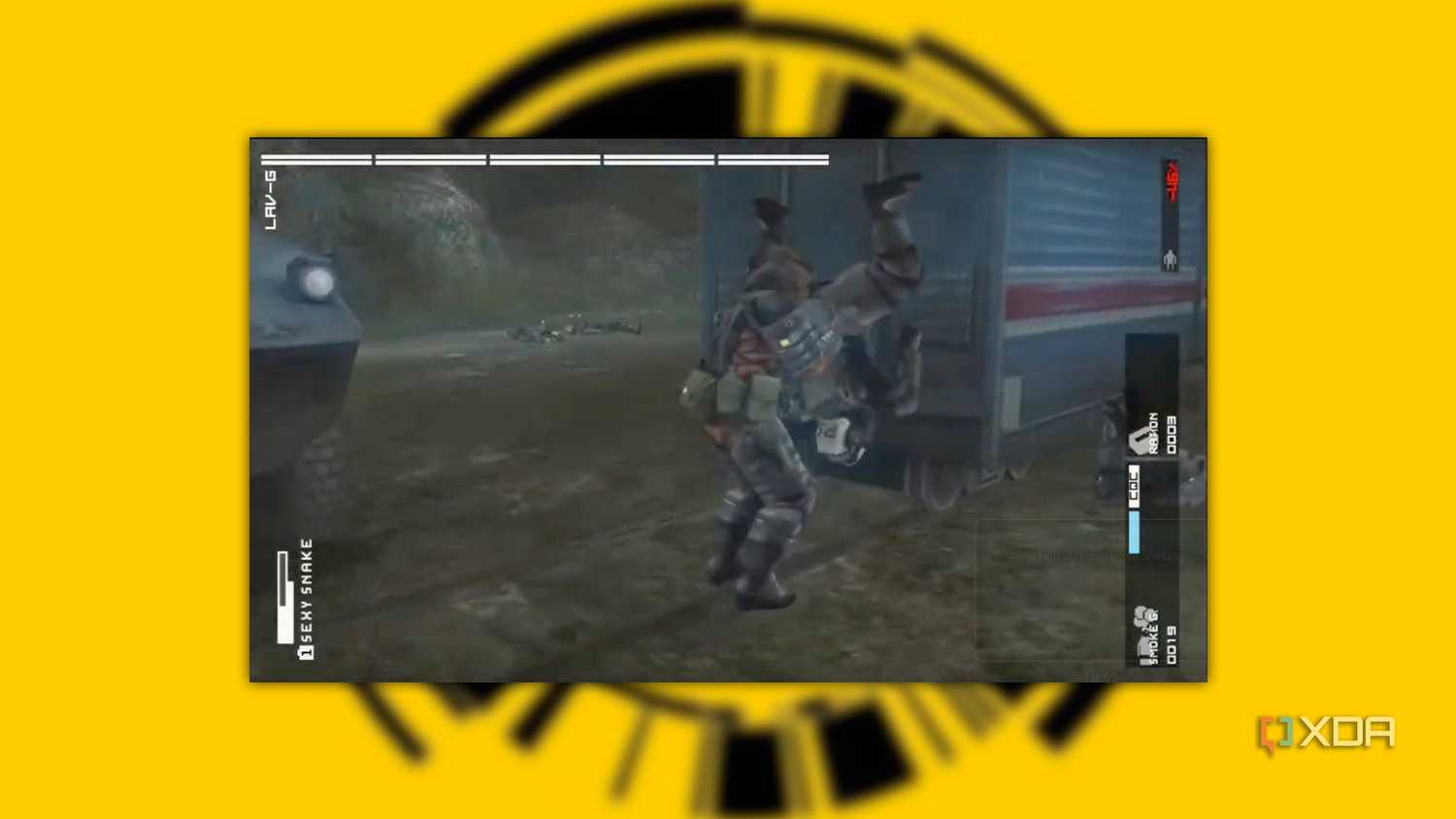 MGS: Peace Walker screenshot on a yellow background of Snake slamming a man into a train car in battle