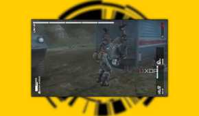 MGS: Peace Walker screenshot on a yellow background of Snake slamming a man into a train car in battle