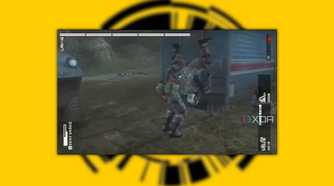 MGS: Peace Walker screenshot on a yellow background of Snake slamming a man into a train car in battle
