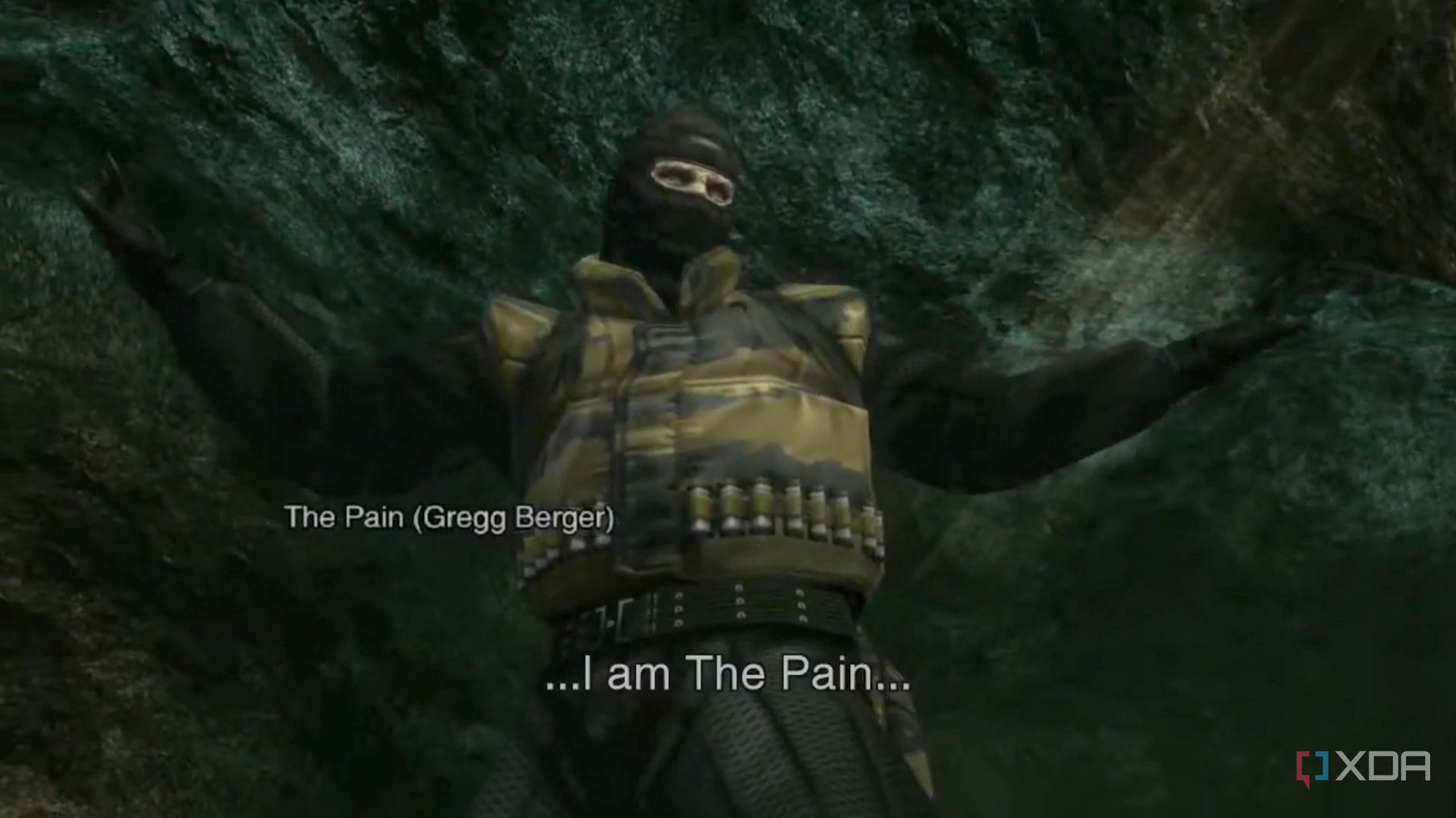 MGS3 HD screenshot of The Pain. Subtitles read, "I am The Pain", he is credited on screen as "The Pain (Gregg Berger)"
