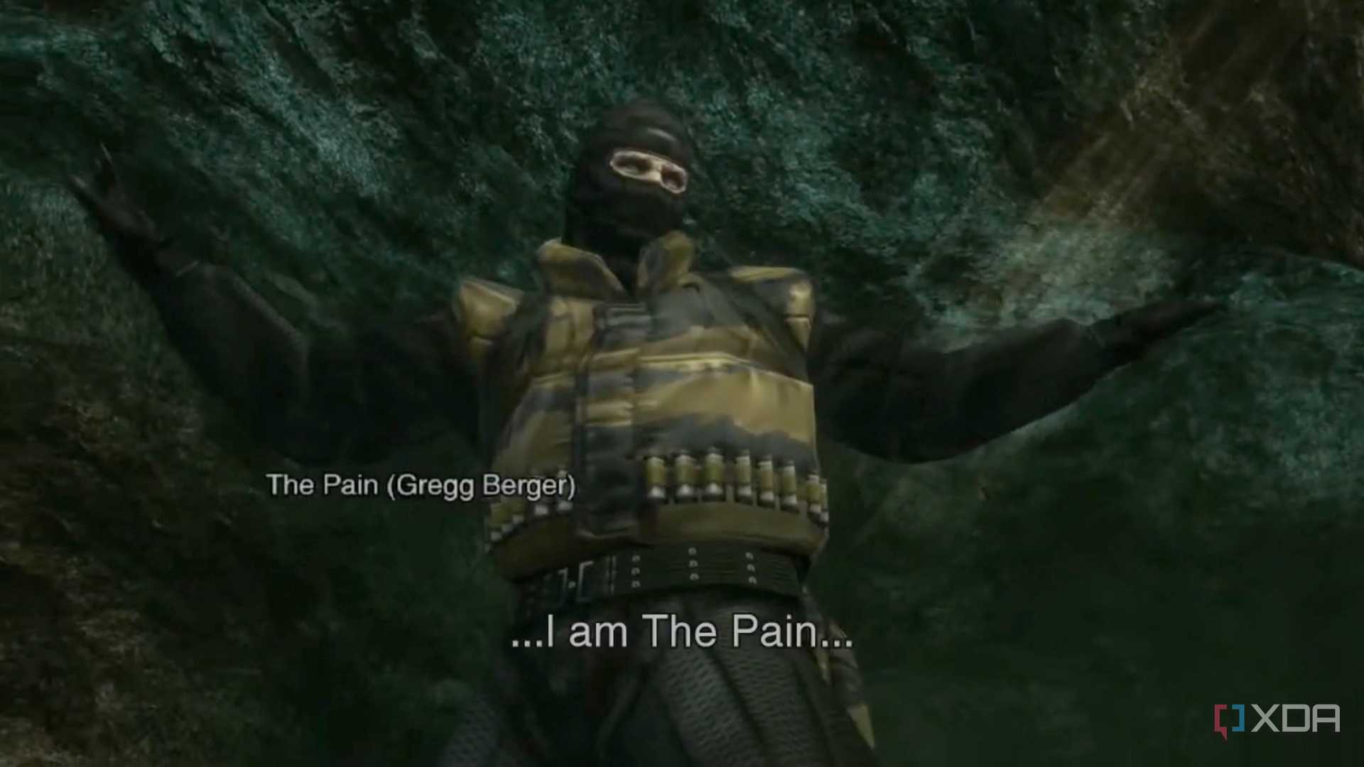 MGS3 HD screenshot of The Pain. Subtitles read, "I am The Pain", he is credited on screen as "The Pain (Gregg Berger)"