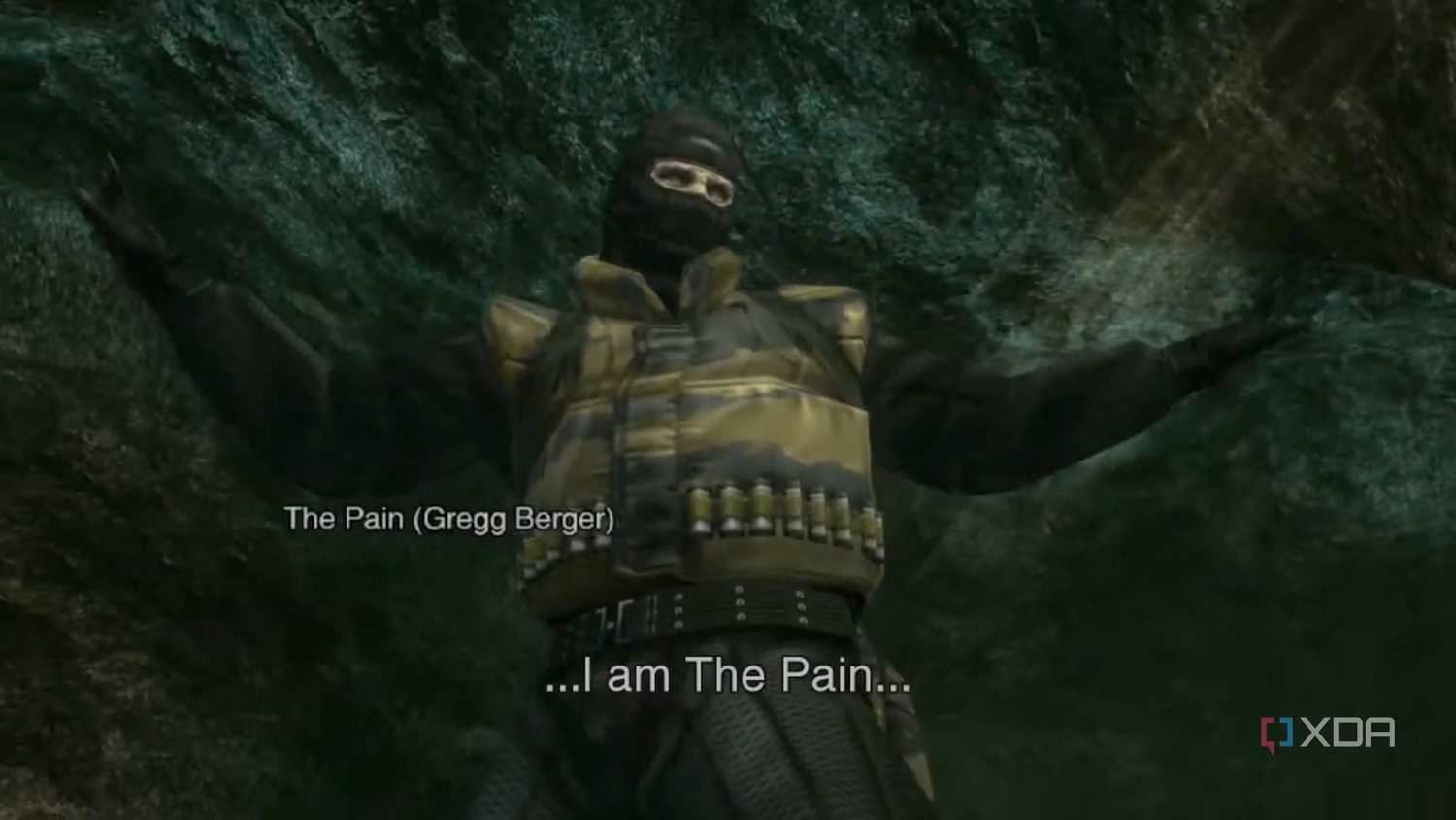 MGS3 HD screenshot of The Pain. Subtitles read, "I am The Pain", he is credited on screen as "The Pain (Gregg Berger)"