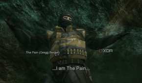 MGS3 HD screenshot of The Pain. Subtitles read, "I am The Pain", he is credited on screen as "The Pain (Gregg Berger)"