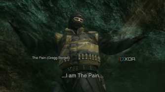 MGS3 HD screenshot of The Pain. Subtitles read, "I am The Pain", he is credited on screen as "The Pain (Gregg Berger)"