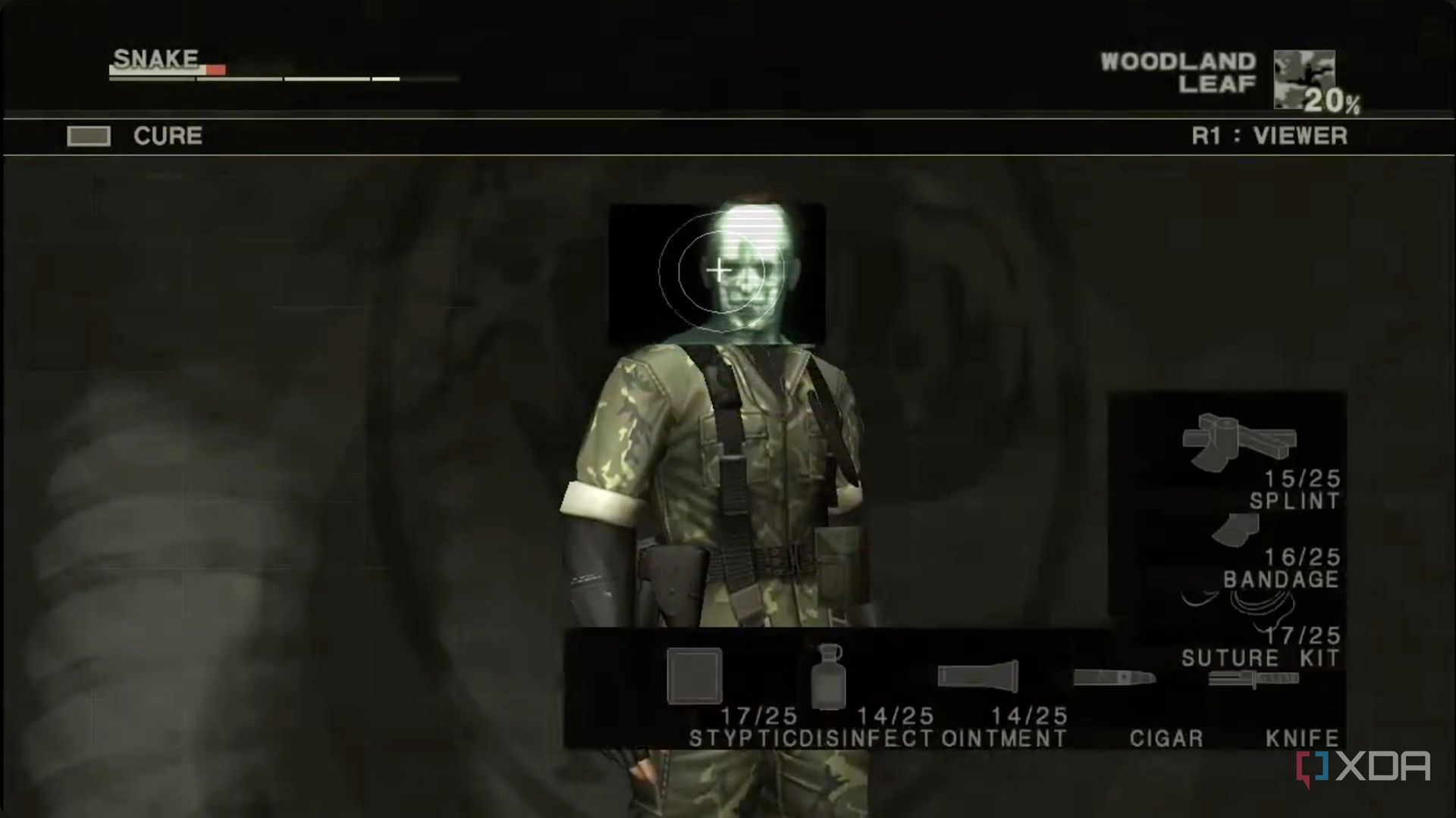 MGS3 HD screenshot of medical screen being opened with an Xray over Snake's face.