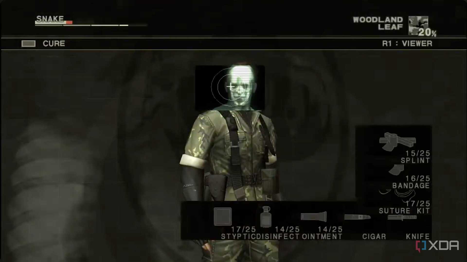 MGS3 HD screenshot of medical screen being opened with an Xray over Snake's face.