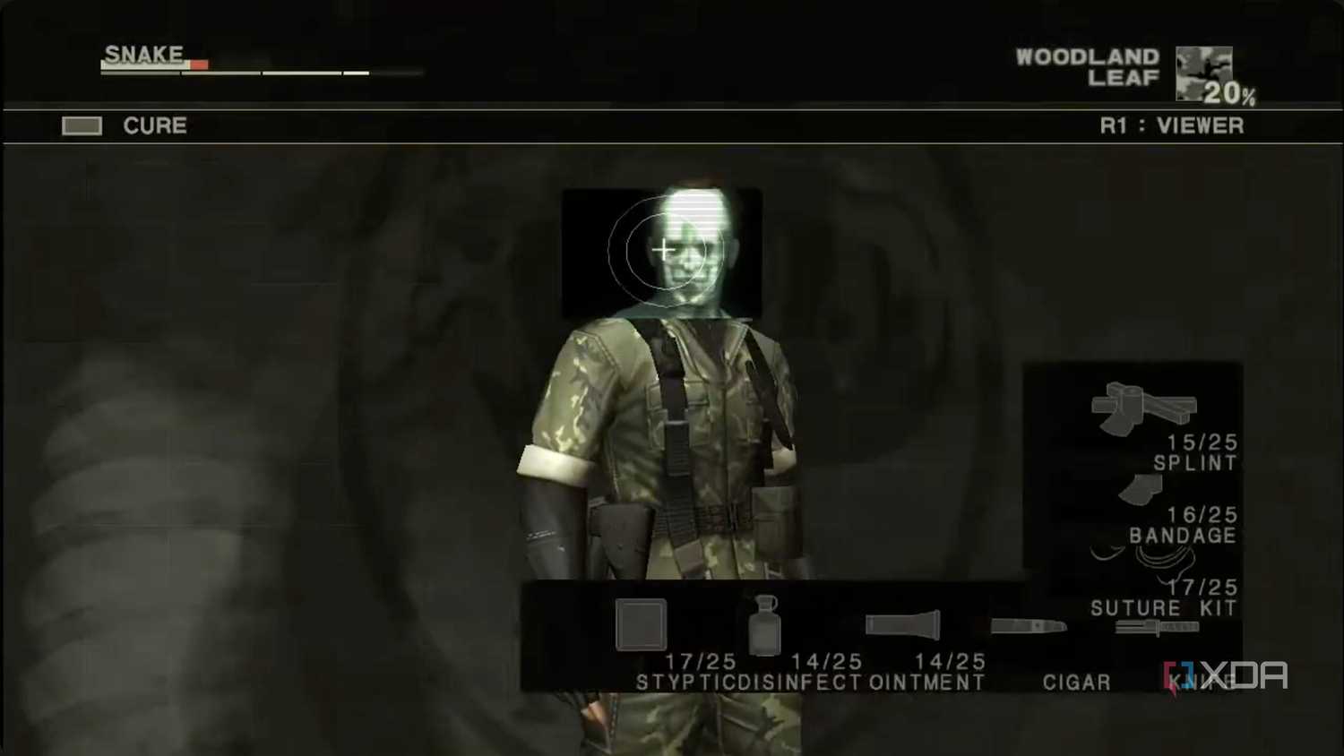 MGS3 HD screenshot of medical screen being opened with an Xray over Snake's face.