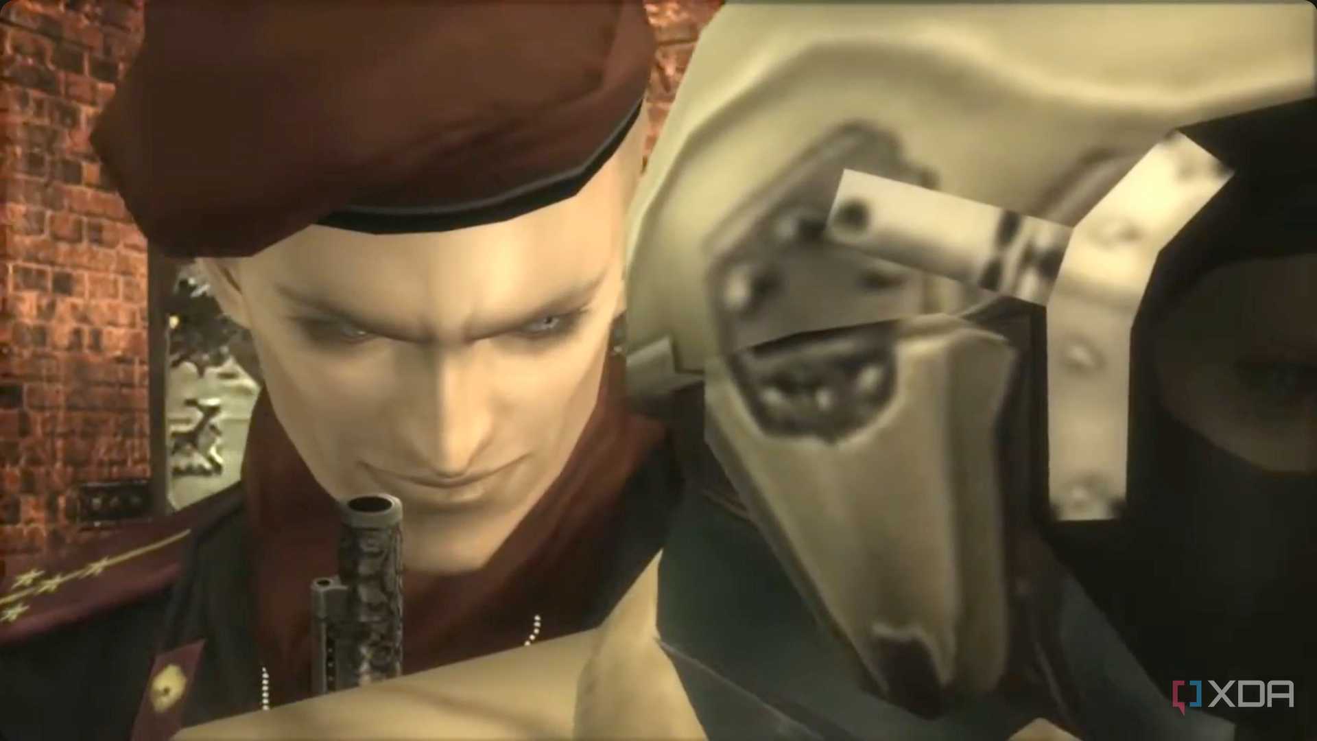 MGS3 HD screenshot of Ocelot holding EVA hostage and smiling into the camera