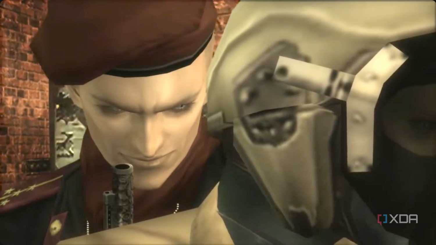 MGS3 HD screenshot of Ocelot holding EVA hostage and smiling into the camera